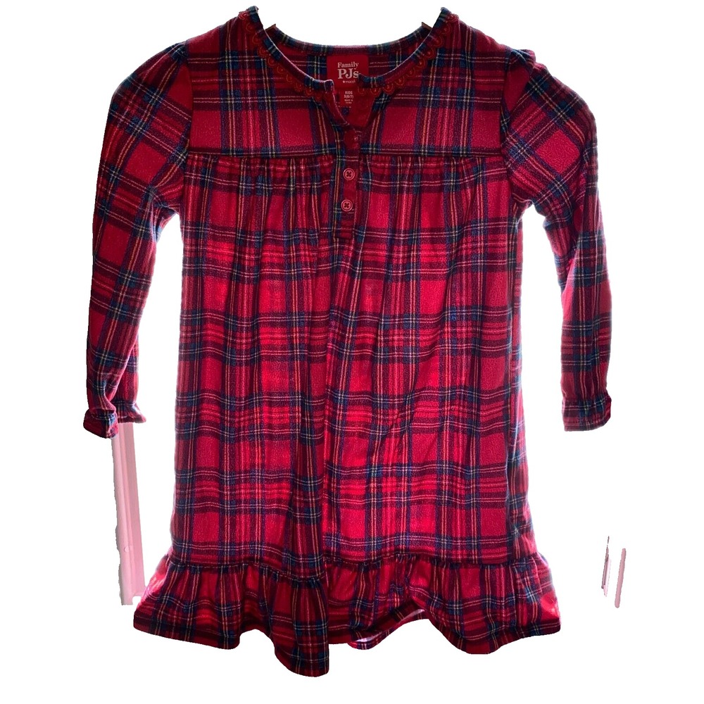 Family PJs Size Kids S 6/7 Macys Red Plaid Fleece Nightgown Holiday Christmas